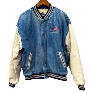 Vintage 90’s MV Sport Men’s L Natural & Denim Olympic Varsity Bomber Jacket
